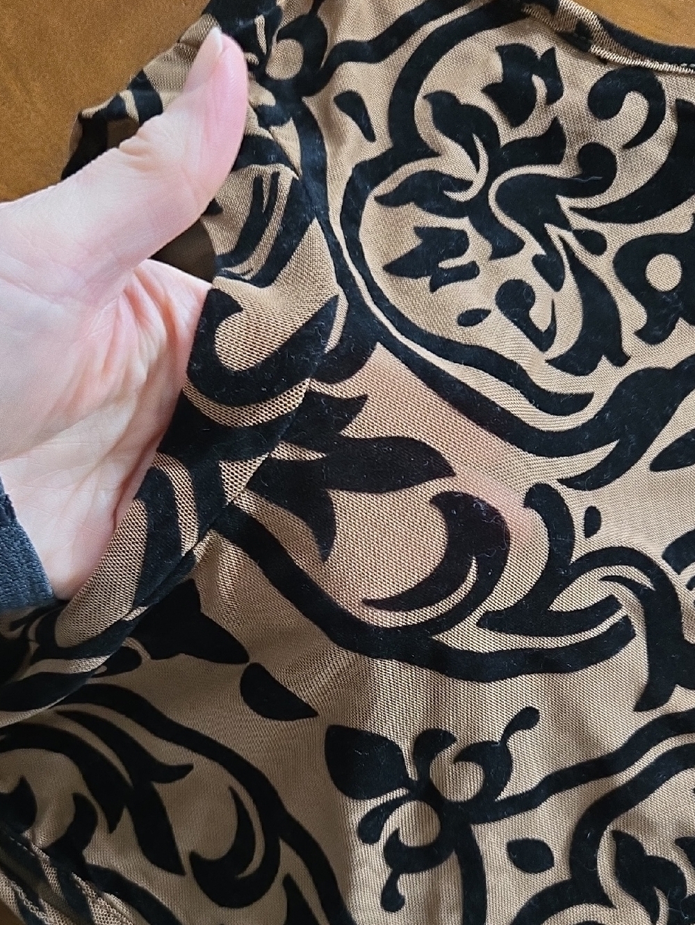 Black Velvet And Tan Damask Mesh Sheer Sleeveless Bodysuit - Picture 2 of 8